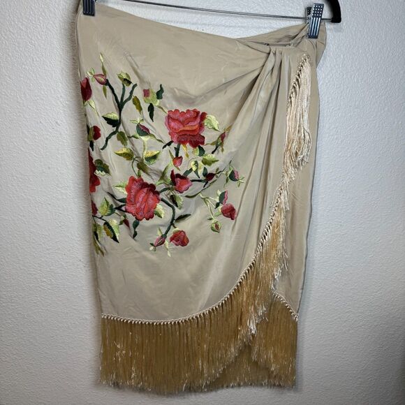 Vintage Ralph Lauren Silk Floral Wrap Fringe Mini Skirt Sz 4 Western Y2K FLAWED - Picture 2 of 12
